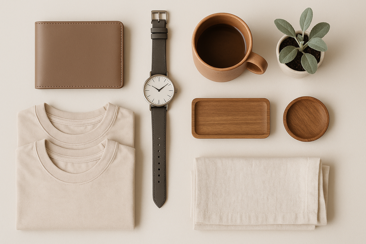 generate image on mens essentials and for home with using below hex codes

Soft Beige → #E6DCD1

Warm Taupe → #B8A89F

Clay Terracotta → #A56550

Muted Sage → #8A9A8E

Charcoal Grey → #4B4A47

Natural Off-White → #F4F2ED